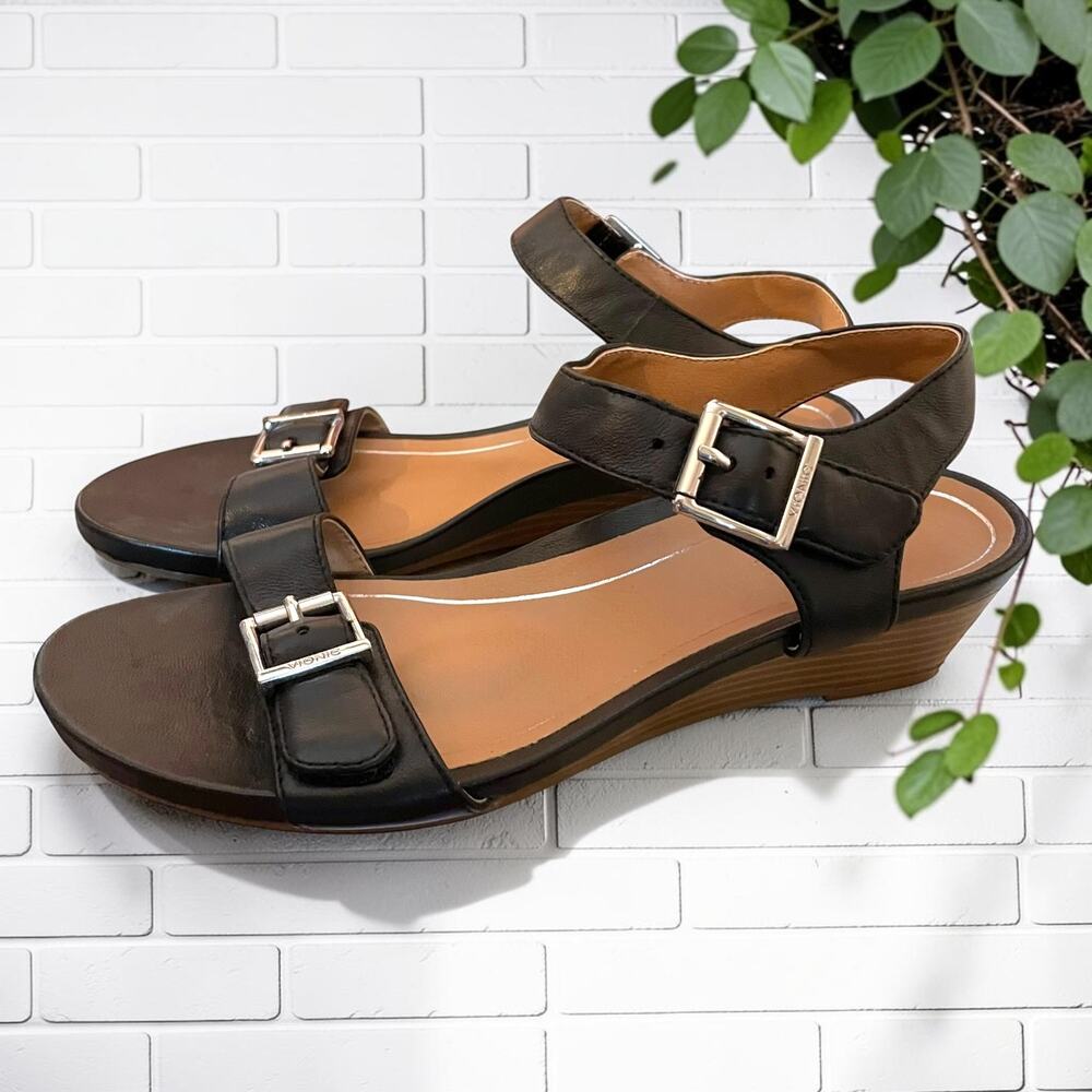 Vionic Frances Leather Wedge Sandals Black Comfort Orthotic Arch Support Size 6